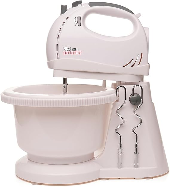 Kitchen Perfected Electric Stand Mixer with Bowl, 2L, 300W, Tilting Stand and Whisks and Dough Hooks, 5-Speed Hand Mixer with Turbo Function - E5434WH