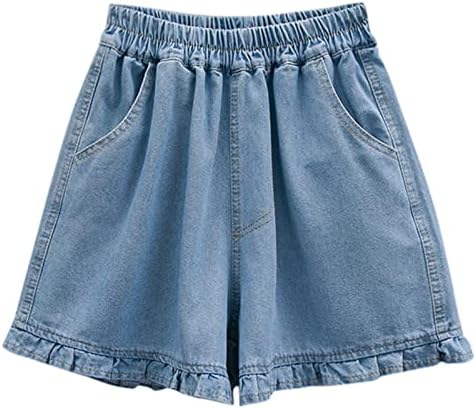 Cute Denim Shorts for Women High Elastic Waist Plus Size Ruffle Hem Jean Shorts Casual Baggy Vacation Short Pants