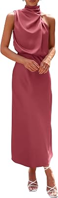 PRETTYGARDEN Womens 2026 Summer Satin Dress Elegant Sleeveless Mock Neck Cocktail Party Maxi Dresses