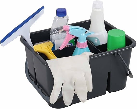 1 Pack Plastic Divided Caddy with Handle, 4 Compartment Cleaning Caddy, Grey