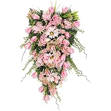 belupai Artificial DWreath Teardrop Swag, 21 inch Simulation Spring Summer Garland Wall Door Hanging Wild Flower Swag, Artificial Floral Teardrop for Wedding Wall and Home Deocr(Pink)