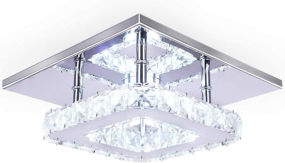 7.9" Crystal Square Flush Mount Ceiling Light LED Cool White | Modern LED Chandelier Mini Crystal Ceiling Fixture For Hallway Bedroom Bathroom Kitchen And Entryway