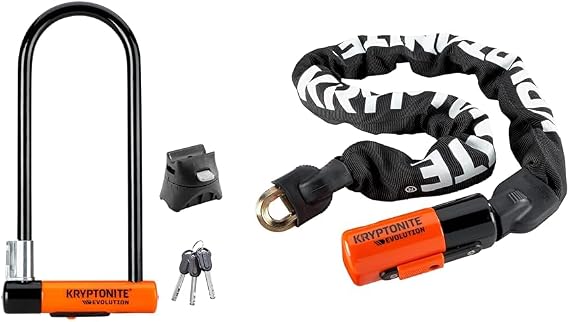 Kryptonite 14mm U-Lock, Key Lock, Bracket + Evolution 10mm Steel Chain Lock, 3ft Long, Pick/Drill Resistant