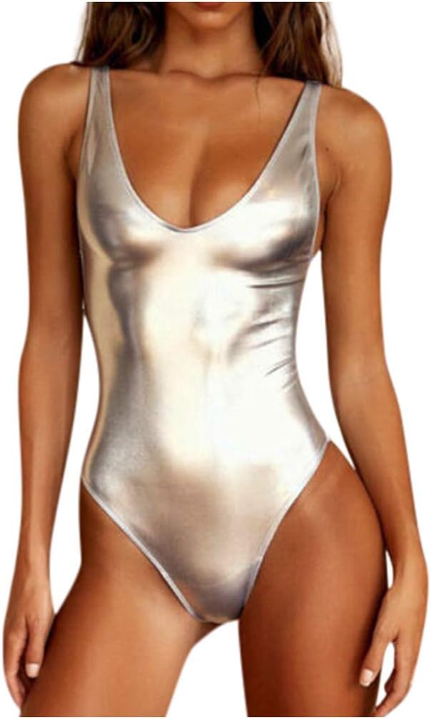 Sexy Liquid Metallic Glitter One Piece Push Up Swimsuit Female Shiny Solid High Cut Beachwear