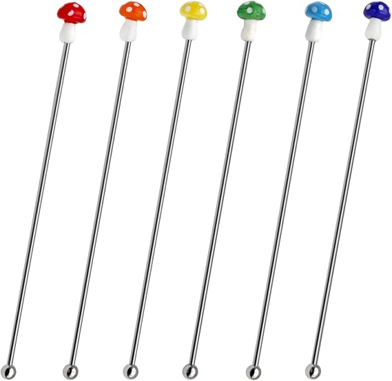 Mushroom Glass Decoration Stainless Steel Cocktail Coffee Drink Stirrers Stir Professional Tools Holiday Drinks Cocktail Drink Swizzle Stick with Decor Top Mixing Cocktail,Hot Cocoa(Colorful 6 Pack)