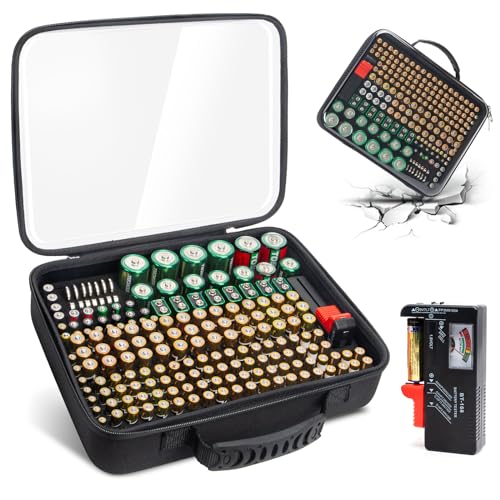 Battery Organizer Storage Case with Tester, Hardshell Portable Checker Carrying Case Holds Batteries AA AAA AAAA C D 9V, Battery Organizer Storage Box Clear Hold 200 Cell