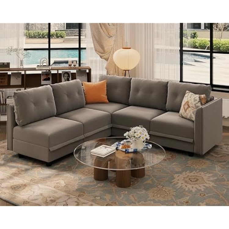 LLappuil Modular Sectional Sofa L Shaped Couch Reversible 5 Seater Velvet Waterproof, Anti-Scratch and Antistatic Corner Sofa Sectional, Grey Brown