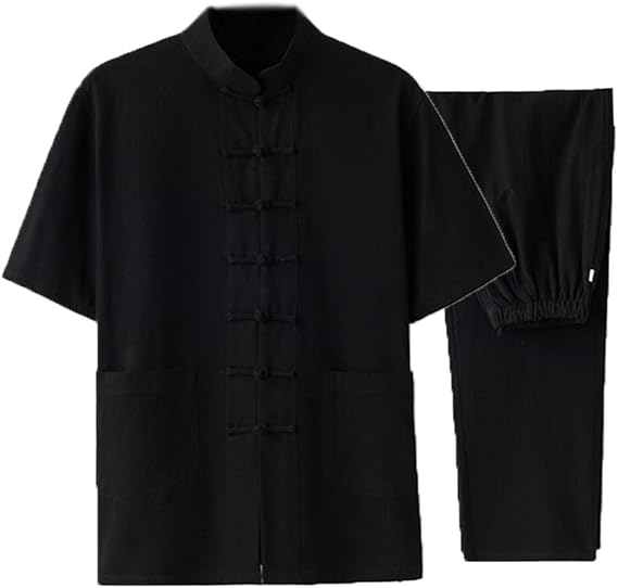 Chinese clothing Chinese Clothing Tang Suit Men Hanfu Kung Fu Uniforms Shirt and Pants, Cotton Linen Tai Chi Clothes Martial Arts Suit Breathable Zen Meditation Uniform Short Sleeve(Black,Large)