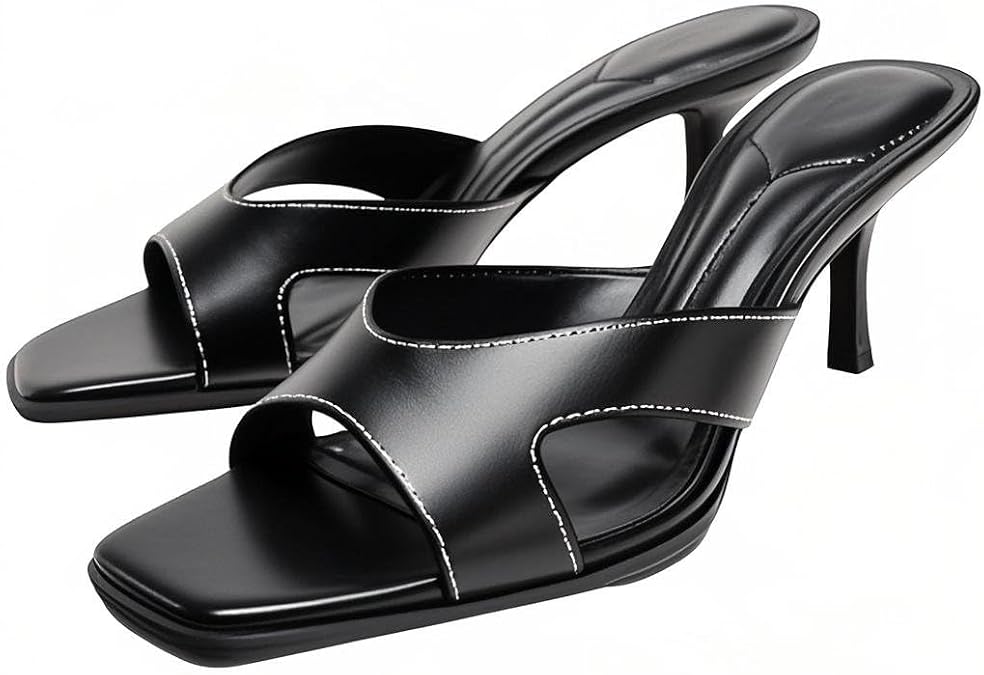 YIYA Women's Brown Kitten Mules Heels Open Square Toe Stiletto Heels Slip On Slides Sandals Comfortable Dress Summer Shoes