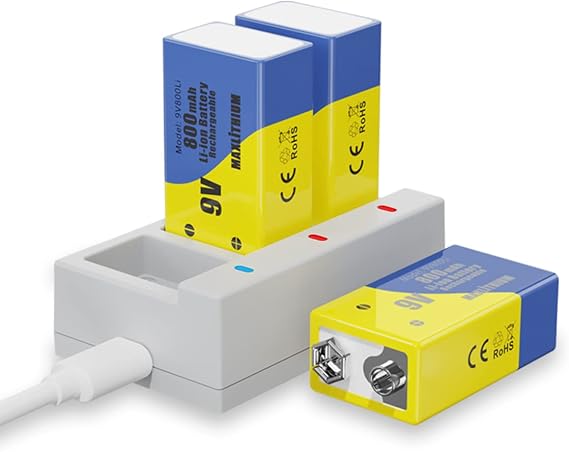9v Rechargeable Batteries, Lithium-ion 9 Volt Battery Capacity 800mAh 7200mWh,3 Pack with Quick Charger