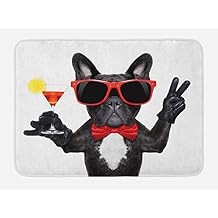 Lunarable Funny Bath Mat, French Bulldog Holding Martini Cocktail Ready for The Party Nightlife Joy Print, Plush Bathroom Decor Mat with Non Slip Backing, 30.2" x 20", Black Red White