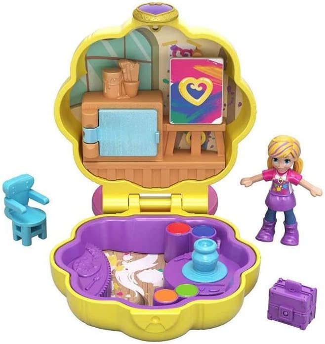 Polly Pocket Tiny Pocket Places Awesome Art Studio Compact with Art-Themed Location, Micro Polly Doll, Surprise Reveals, Supply Closet, Pottery Wheel, Clip-on Ring & More, Ages 4 and Older