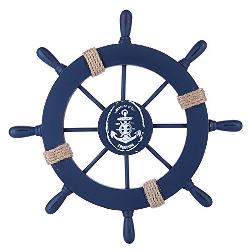 Rienar Nautical Ship Steering Wheel - 11 Diameter Wooden Beach Home Wall Decor With Fishing NetShellFishStarfishSeagull