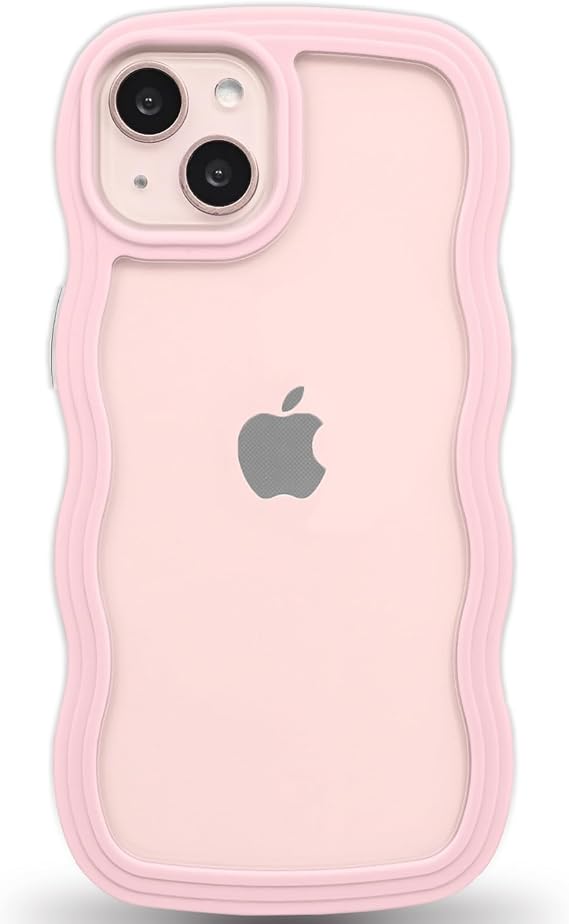 Anuck for iPhone 13 Case Wavy Edge Clear Back Design, Anti-Slip Grip Cute Wave Curly Frame Shape Shockproof Soft TPU & Hard Bumper Protective Phone Case Cover for Women Girls, Pink