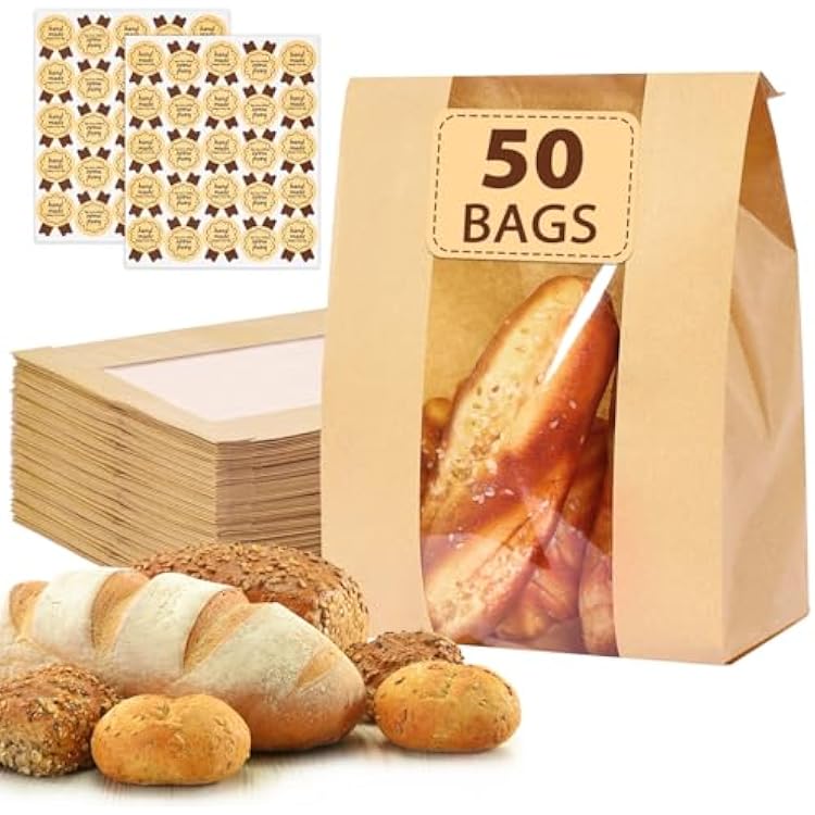Moretoes Large Paper Bread Bags for Homemade Bread, 50Packs Sourdough Bread Bags with Window Includes Label Seal Stickers for Baked Food Packaging Storage 13.7x8.3x3.5 Inch, Brown