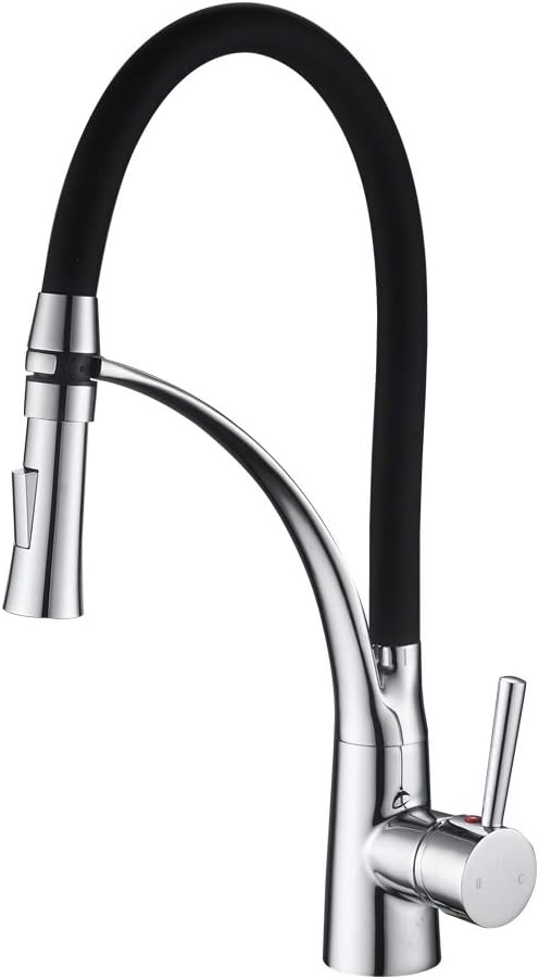 Pull Down Kitchen Sink Mixer Tap with Dual Function Sprayer, Single Lever Swivel Spout Kitchen Taps with Black Silicone Hose, Available Chrome Finish Solid Brass