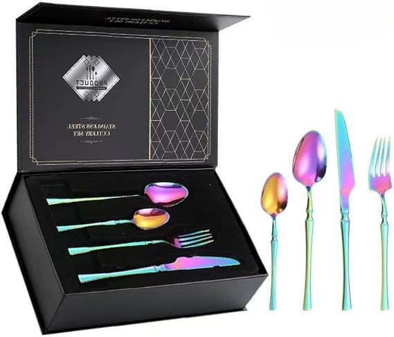 24 Piece Set of Flip Wooden Boxes, Gold and Silver Tableware, Gold-plated Stainless Steel Tableware, Mirror Polished Tableware That Can Be Cleaned In The Dishwasher (Small flip box,Colorful Gold)