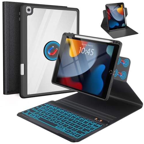 BLUTLOTUS Keyboard Case for iPad 9th8th7th Generation 10.2 Inch,360 Rotatable Magnetic Keyboard Case with Pencil Holder Grooves Design202120202019,7 Color Backlit Detachable Wireless Black