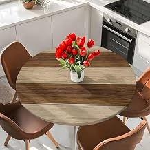 Round Tablecloths with Elastic Edged Retro Country Brown Wooden Board Fitted Table Cloth Fits Tables up to 45"-54", Farmhouse Gradient Plank Waterproof Table Cover for Indoor Outdoor Party