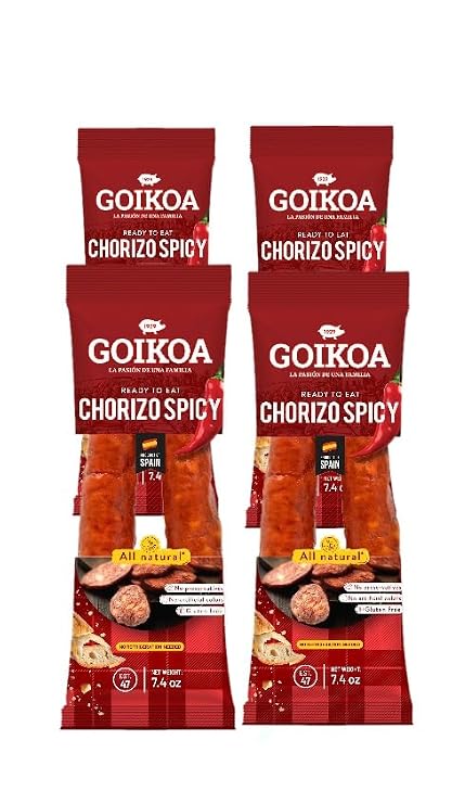Goikoa Spicy Chorizo | All Natural | Dry-Cured | Authentic Navarre Spain | Perfect For Charcuterie | 7.4 oz (210 gr) | (Pack of 4)