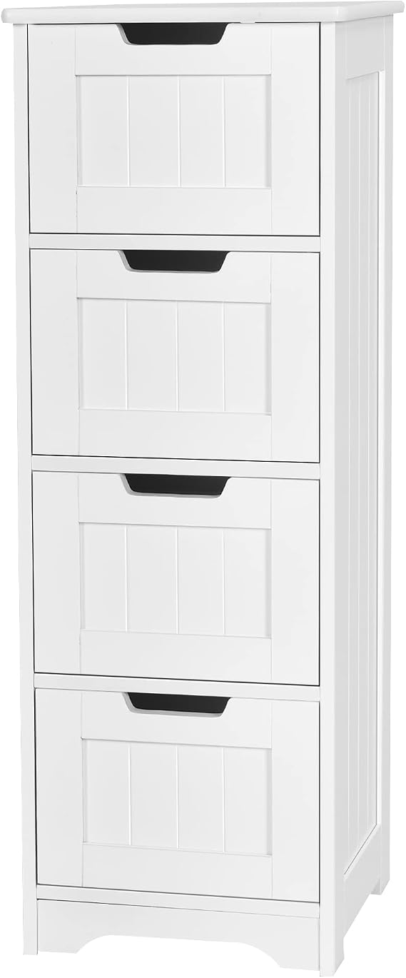 Tangkula Bathroom Floor Cabinet with 4 Drawers, 12 x 12 x 32 Inch, Freestanding Storage for Bath Living Room, Wooden Bathroom Cabinet for Home Office (White)