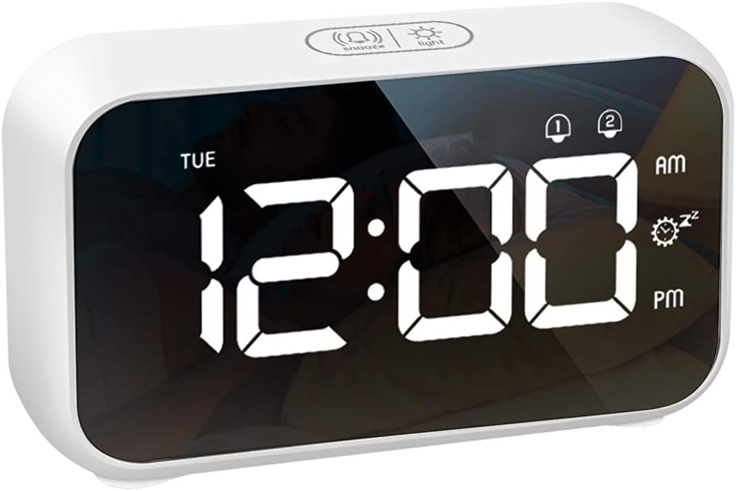 LATEC Digital Alarm Clock Bedside LED Display 40 Alarm Sounds, Adjustable Alarm Volume &amp; Brightness, Snooze, Dual Alarms, USB Charger, 1224H, Week Display, Home Office Travel White