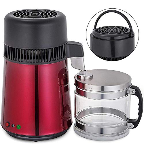 VEVOR Stainless Steel Water Distiller 750W Water Distillation Kit 1.1 Gallon4 L Water Distiller Home Countertop Connection Bottle Food-Grade Outlet Glass Container Red