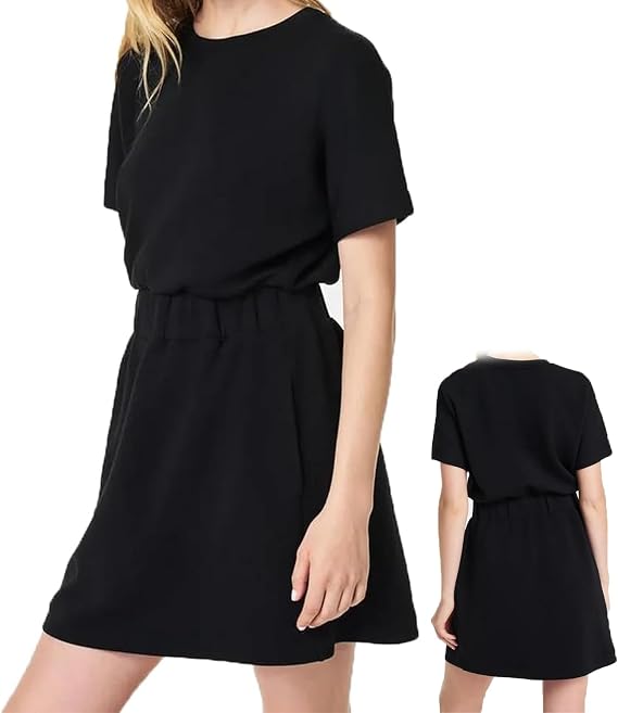 Freelady Tshirt Dress, Summer Casual Short Sleeve Crew Neck Cinched T-Shirt Dress with Elastic Waist and Pockets