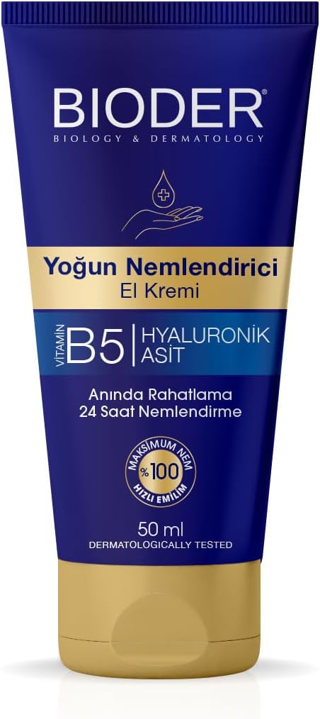 Bioder Yoğun Nemlendirici El Bakım Kremi 50 ml – Hyalüronik Asit ve B5 Vitamini İçerikli, Hızlı Emilen Nemlendirici