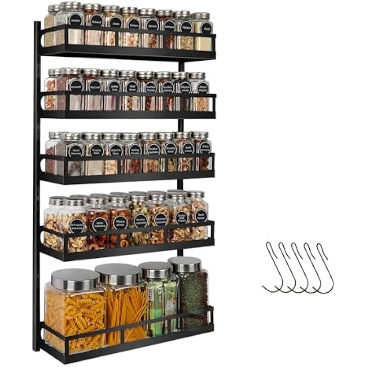 X-cosrack Wall Mount Spice Rack Organizer 5 Tier Height-Adjustable Hanging Spice Shelf Storage for Kitchen Pantry Cabinet, Dual-Use Seasoning Holder Rack with Hooks, Black-Patented