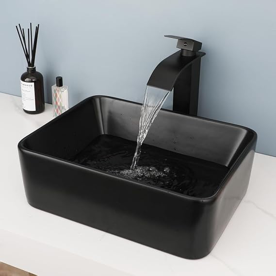 16 Inch Black Bathroom Ceramic Vessel Sink Set