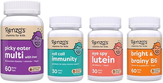Renzo's A+ Routine Bundle - Picky Eater Mutli Cherry, Roll Call Immunity, Eye Spy Lutein, Bright and Brainy