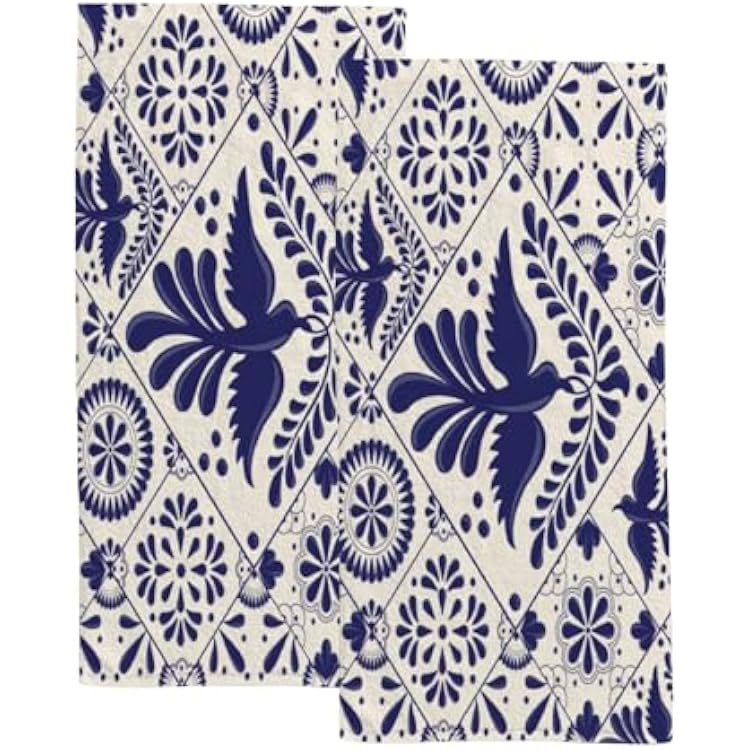 Hand Bath Towels for Bathroom Set of 2 Blue Beige Mexican Talavera Bird Pattern Shower Towel Water Absorbent Soft Microfiber Face Body Towel Kitchen Gym Spa Salon 30x15Inches