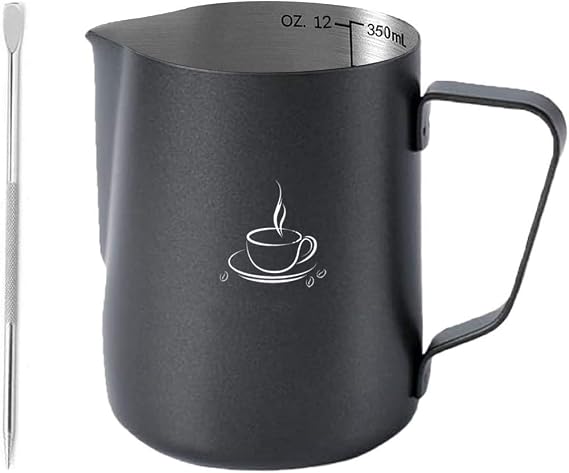 Milk Frothing Pitcher Stainless Steel Teflon Non-Stick Coating frothing Cup With Latt Art Pen (Black outside and silver inside 350ml)
