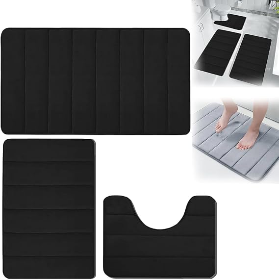 Memory Foam Bath Mat Set, 3 Pcs Memory Foam Bathroom Rugs, Bathroom Rugs Toilet Mats, Water Absorption Nonslip Soft Comfortable Foam Bath Mats (Black)