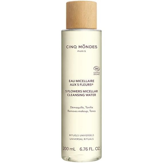 Cinq Mondes Five Flowers Micellar Cleansing Water 6.8 Fl.oz.- French-Crafted Organic Waterproof Eye Makeup Remover - Natural Balinese Flower Extracts - Cleanse And Tone The Skin