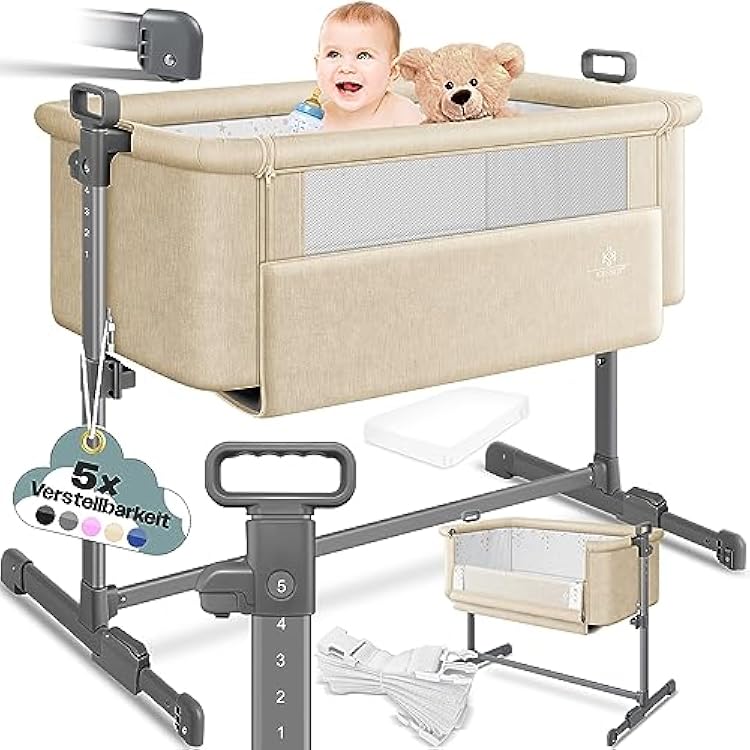 KESSER Hubi 3in1 Baby Bed Travel Cot with Soft Mattress with Wheels, 5-Way Height Adjustment, Folding Side Wall for Home and on the Go