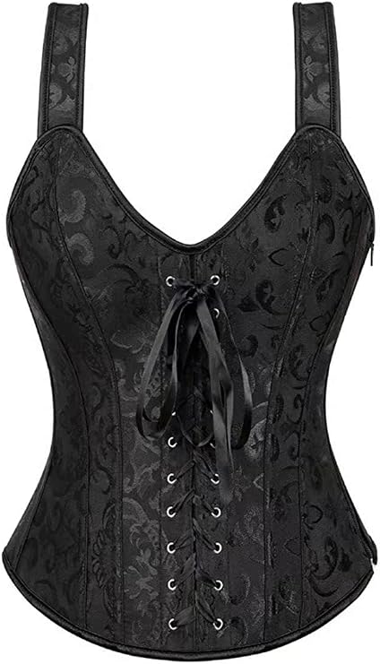 Women's Lace up Gothic Jacquard Shoulder Straps Tank Overbust Shaper Corset Bustiers Top