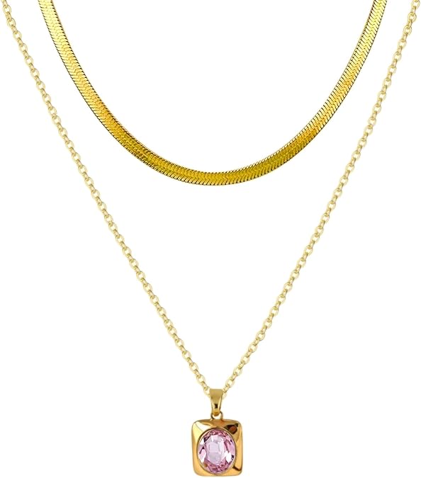 Trendy Separate Layered Choker Pendant Necklace | 18k Gold Plated Snake Herringbone Flat Stackable Chain Rectangle Gemstone Crystal Zircon Necklace | Preppy Dainty Jewelry Set Gift