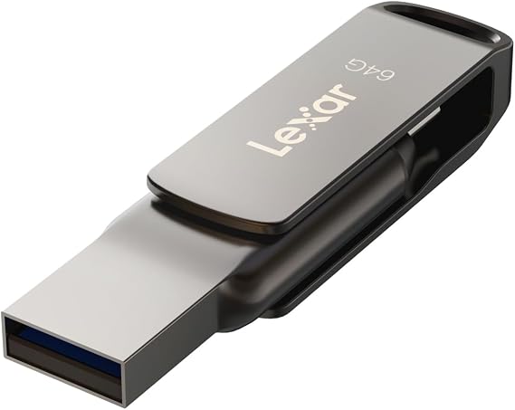 Lexar 64GB JumpDrive Dual Drive D400 USB 3.1 Type-C and Type-A Flash Drive for Storage Expansion and Backup, Up to 130MB/s Read, Metal Housing & Swivel Design, Titanium (LJDD400064G-BNQNU)