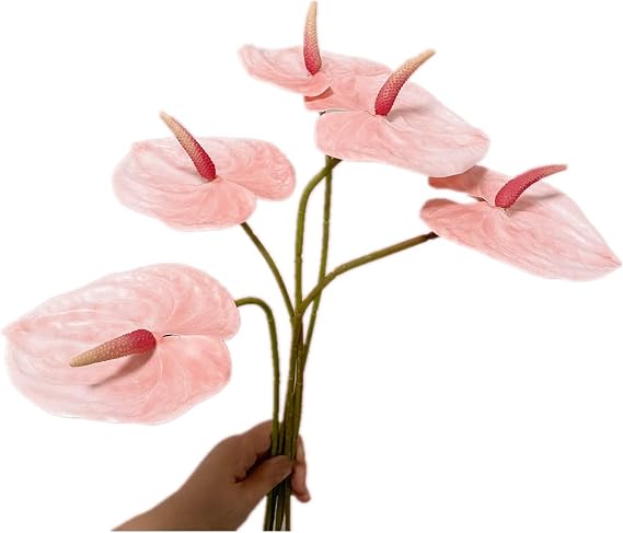 Rikyo 5Pc 24in/61cm Artificial Anthurium Lily Flowers Permanent for Home Decor Bouquet for Home Bridal Wedding Festival Party,Crafts,Store Decor Small Flower Bouquet Accessories(Light Pink)