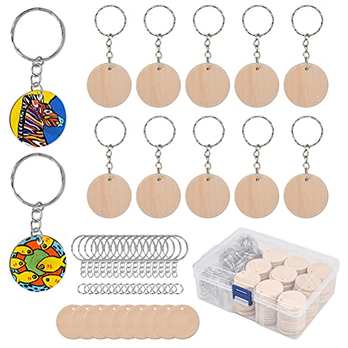 100Pcs Blank Wooden Keychain Set, 1.5 inch Unfinished Discs with 100Pcs Key Rings Personalized Key Tags DIY Keychain Supplies