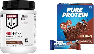 Muscle Milk Pro Series Protein Powder, Knockout Chocolate, 2lb, 11 Servings, 50g Protein & Pure Protein Bars, Chocolate Deluxe, 12 Count, 1.76oz, 21g Protein