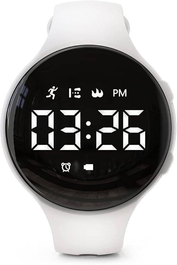 Non-Bluetooth Led Fitness Tracker Watch,Digital Pedometer Watch,with Step Counting/Distance/Calories/Stopwatch/Alarm Clock, Great Gift for Kids Teens Girls Boys Xmas (Round - White)