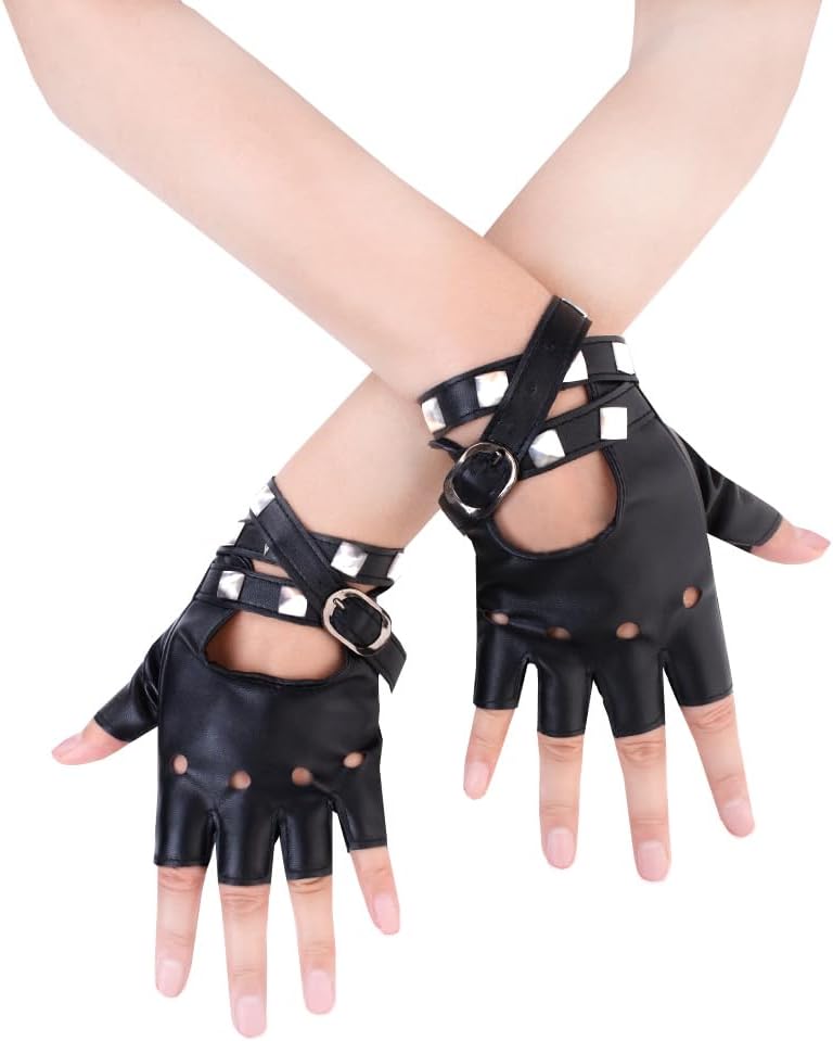 JISEN Women PU Leather Punk Gloves Rivets Belt Up or Snap Half Finger Performance Mittens