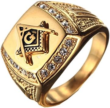 Men's Cubic Zirconia Masonic Freemason Gold Plated Rings