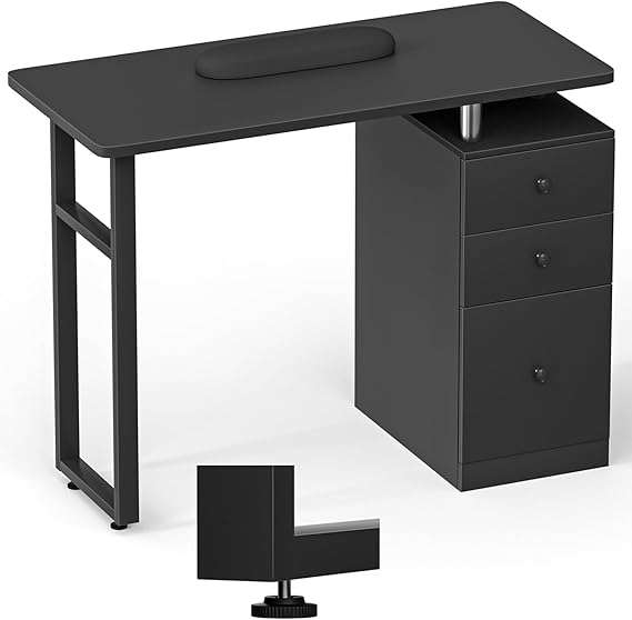 Black Nail Desk Manicure Table Acetone Resistant Nail Tech Desk w/Wrist Cushion, Storage Drawers & Cabinets