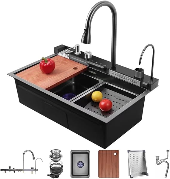 Single-Bowl Waterfall Sink Multifunctional Single-Bowl Kitchen Workstation Sink Waterfall Pull-Down Faucet And Complete Accessory Set