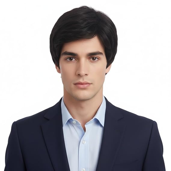 REEWES Men's Short Black Wig With Side Bangs - Layered Synthetic Hair Cap, Flame Retardant - Natural Look for Daily, Party, Costume, Cosplay Wear