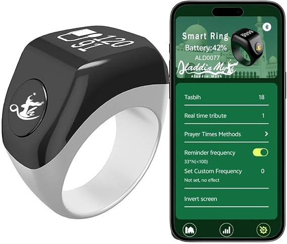 Aladdin Multifunctional Tasbih Prayer Smart Ring, Tasbeeh Counters, Prayer Direction Indicator Guide, 5 Azan Alarm Clock, Electronic Rosary, Step Counting, Heat Rate, SPO2, Blood Pressure, Sport,White
